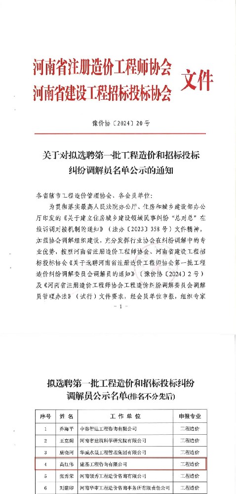 熱烈祝賀公司第一總經理榮耀入選河南省“第一批工程造價和招標投標糾紛調解員”